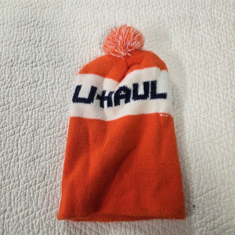 U-Haul Vintage Style Orange White Knit Pom Pom Beanie Hat One Size Moving Logo